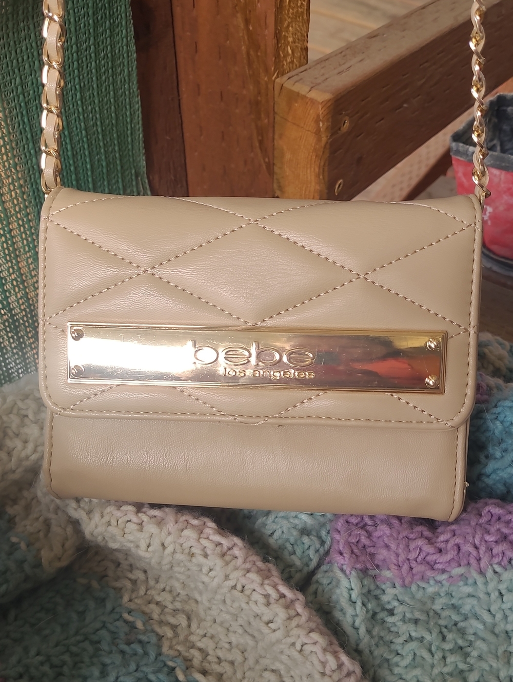 bebe Quilted Chain Crossbody Bag in Cream with Gold Plate
